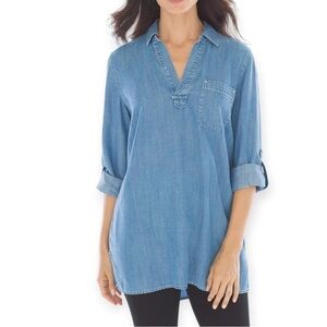 Soma Blue Jean Denim 
Chambray Roll Tab Long Sleeve V Neck Popover Tunic Shirt M